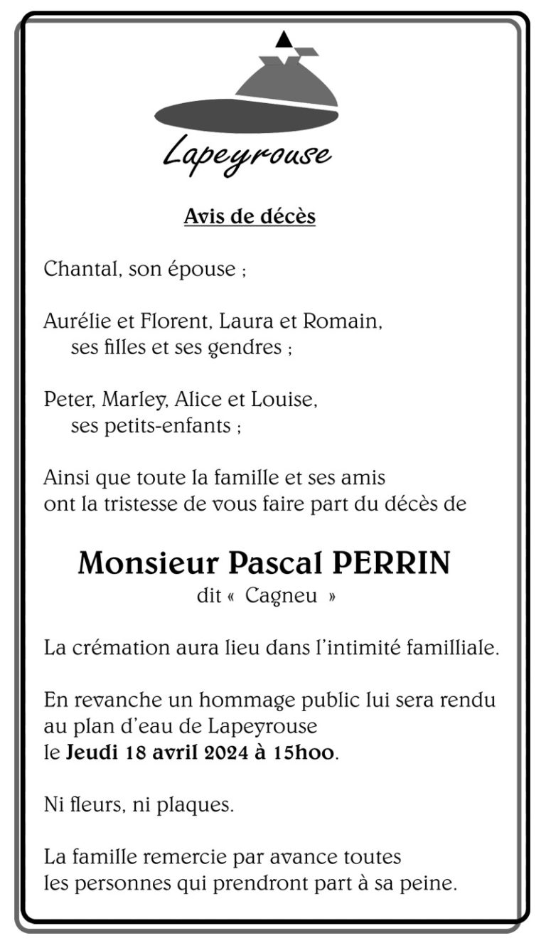 Lapeyrouse - Avis de décès de Pascal PERRIN.